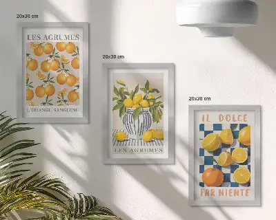 Set van ingelijste schilderijen met retro citrusvruchten en gele accenten