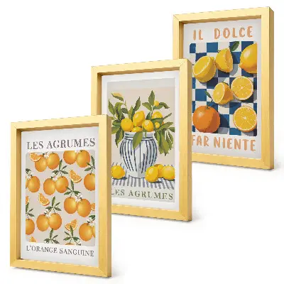 Set van ingelijste schilderijen met retro citrusvruchten en gele accenten