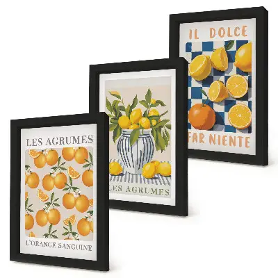 Set van ingelijste schilderijen met retro citrusvruchten en gele accenten
