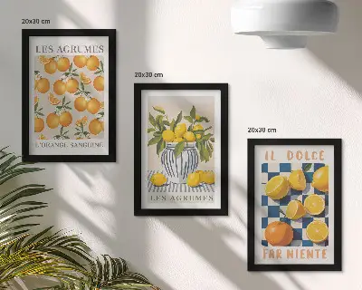 Set van ingelijste schilderijen met retro citrusvruchten en gele accenten