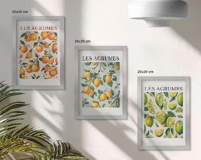 Gallery wall met fruitige citruspatronen in pastelkleuren