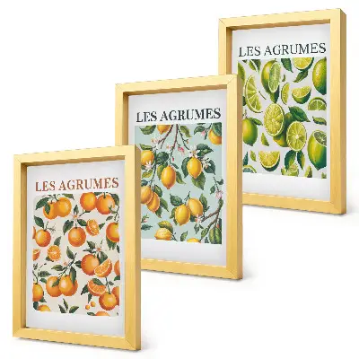 Gallery wall met fruitige citruspatronen in pastelkleuren