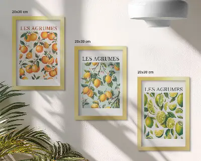 Gallery wall met fruitige citruspatronen in pastelkleuren