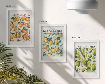 Gallery wall met fruitige citruspatronen in pastelkleuren