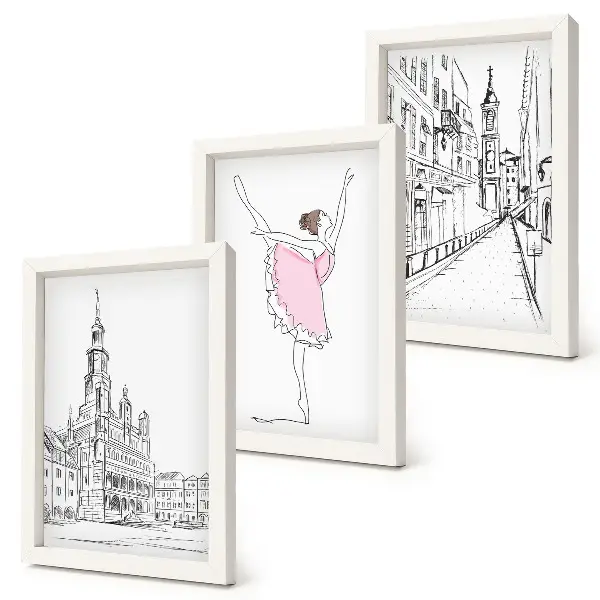 Set van ingelijste schilderijen met stijlvolle afbeeldingen van dansende ballerina's en architectuur
