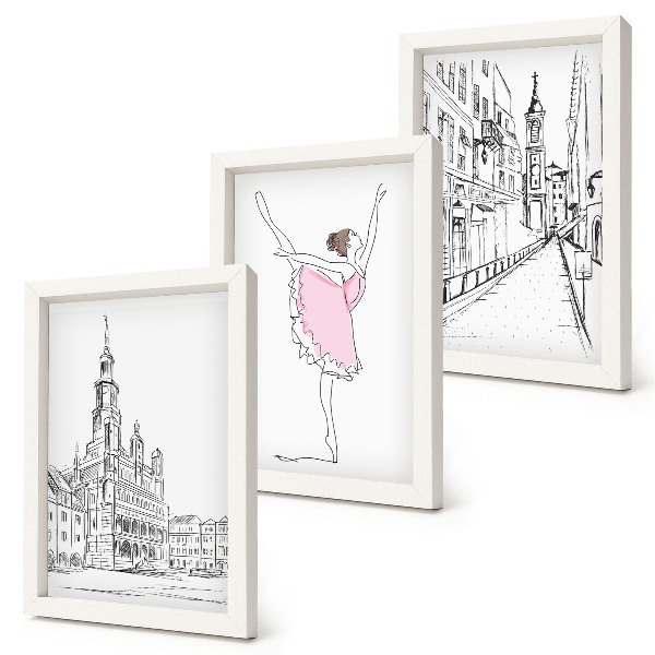 Set van ingelijste schilderijen Stijlvolle afbeeldingen van dansende ballerina's en architectuur.