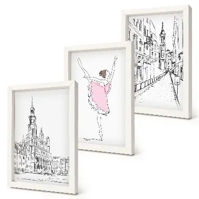Set van ingelijste schilderijen met stijlvolle afbeeldingen van dansende ballerina's en architectuur