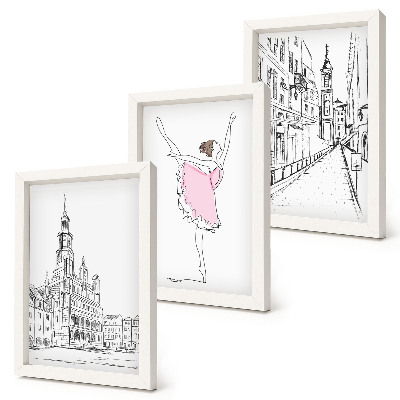 Set van ingelijste schilderijen Stijlvolle afbeeldingen van dansende ballerina's en architectuur.