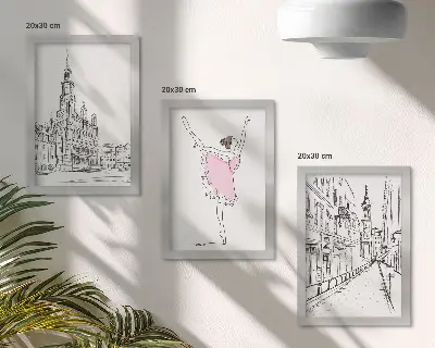 Set van ingelijste schilderijen met stijlvolle afbeeldingen van dansende ballerina's en architectuur
