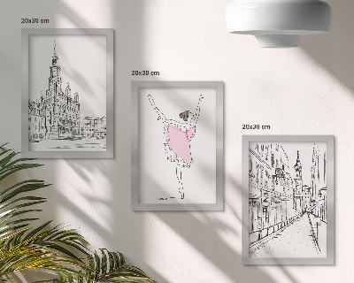 Set van ingelijste schilderijen Stijlvolle afbeeldingen van dansende ballerina's en architectuur.