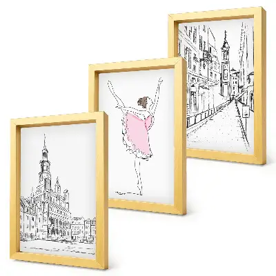 Set van ingelijste schilderijen met stijlvolle afbeeldingen van dansende ballerina's en architectuur
