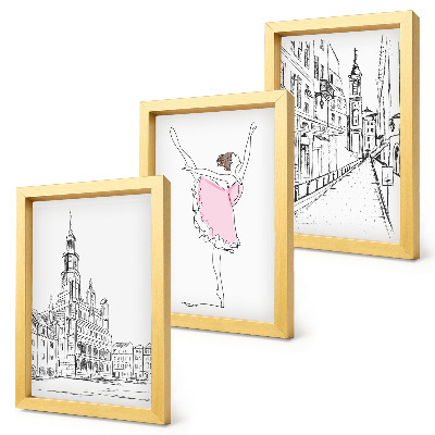 Set van ingelijste schilderijen Stijlvolle afbeeldingen van dansende ballerina's en architectuur.