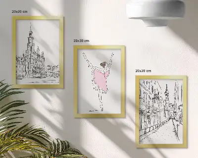 Set van ingelijste schilderijen met stijlvolle afbeeldingen van dansende ballerina's en architectuur