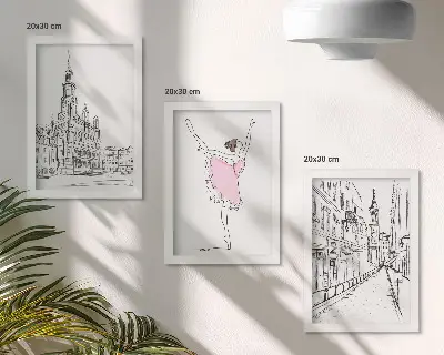 Set van ingelijste schilderijen met stijlvolle afbeeldingen van dansende ballerina's en architectuur