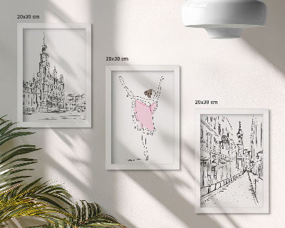 Set van ingelijste schilderijen Stijlvolle afbeeldingen van dansende ballerina's en architectuur.