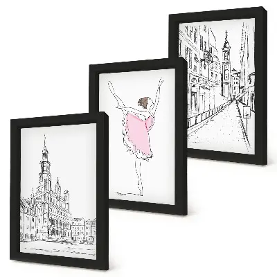 Set van ingelijste schilderijen met stijlvolle afbeeldingen van dansende ballerina's en architectuur