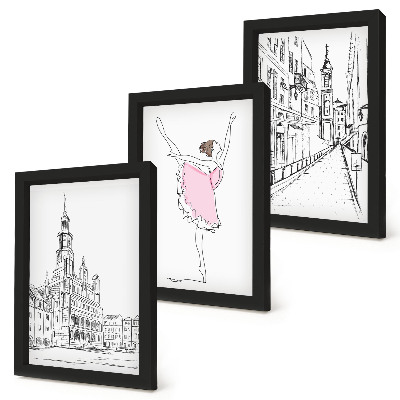 Set van ingelijste schilderijen Stijlvolle afbeeldingen van dansende ballerina's en architectuur.