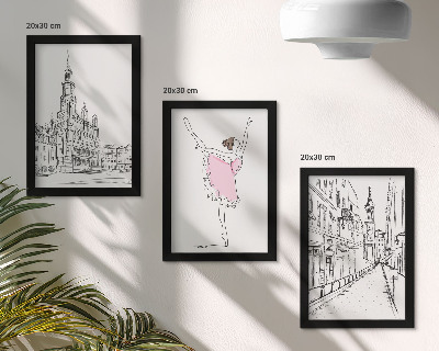 Set van ingelijste schilderijen Stijlvolle afbeeldingen van dansende ballerina's en architectuur.