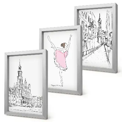 Set van ingelijste schilderijen met stijlvolle afbeeldingen van dansende ballerina's en architectuur