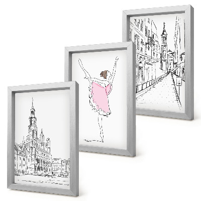 Set van ingelijste schilderijen Stijlvolle afbeeldingen van dansende ballerina's en architectuur.