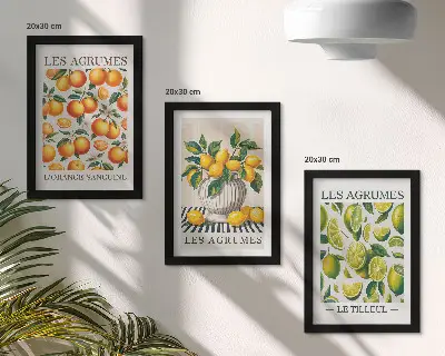 Set van ingelijste schilderijen met citrusvruchten in diverse kleurrijke en verse varianten