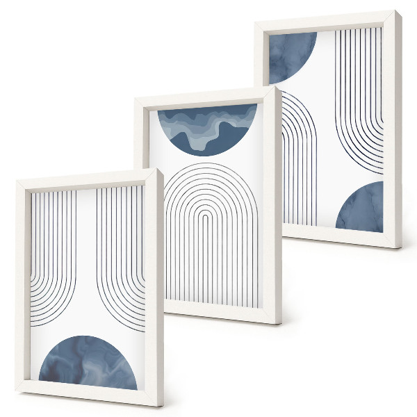 Set van ingelijste schilderijen Abstracte patronen in blauw-witte tinten.