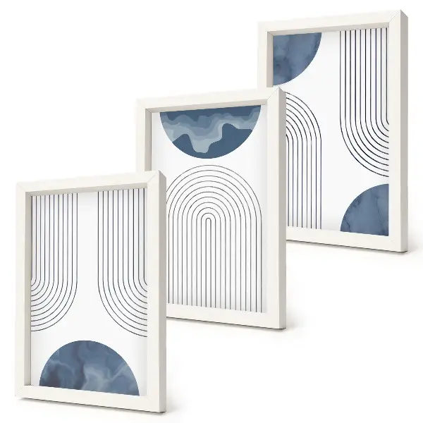 Set ingelijste schilderijen met abstracte patronen in blauw-witte tinten