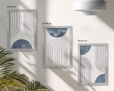Set ingelijste schilderijen met abstracte patronen in blauw-witte tinten