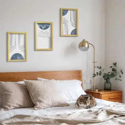 Set ingelijste schilderijen met abstracte patronen in blauw-witte tinten