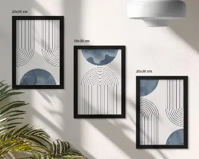 Set ingelijste schilderijen met abstracte patronen in blauw-witte tinten