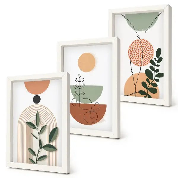 Gallery wall met abstracte vormen en kleurrijke plantmotieven