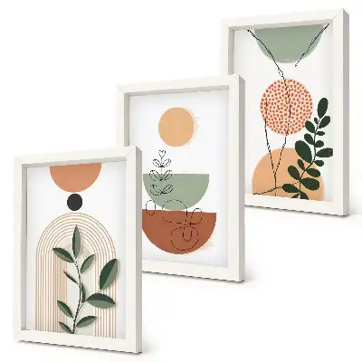 Gallery wall met abstracte vormen en kleurrijke plantmotieven
