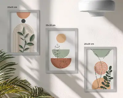 Gallery wall met abstracte vormen en kleurrijke plantmotieven