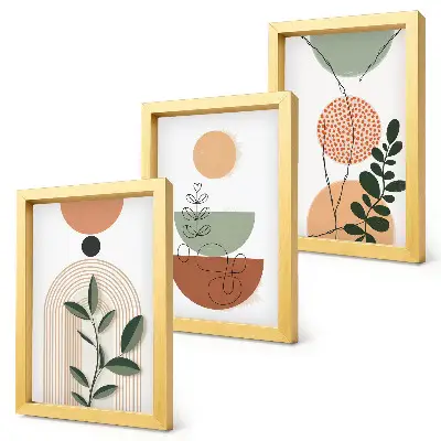 Gallery wall met abstracte vormen en kleurrijke plantmotieven