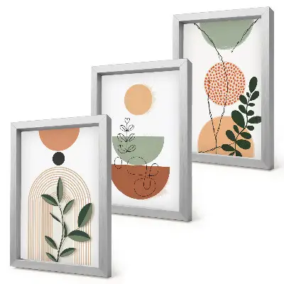 Gallery wall met abstracte vormen en kleurrijke plantmotieven