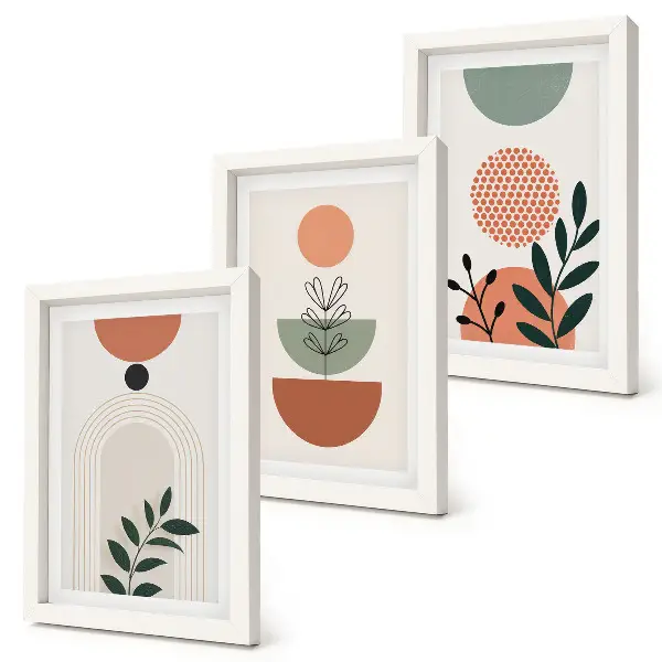 Set van ingelijste schilderijen met plantmotieven in moderne vormen en kleuren