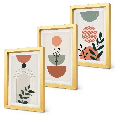 Set van ingelijste schilderijen met plantmotieven in moderne vormen en kleuren
