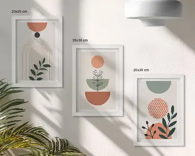 Set van ingelijste schilderijen met plantmotieven in moderne vormen en kleuren