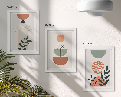 Set van ingelijste schilderijen Plantmotieven in moderne vormen en kleuren.