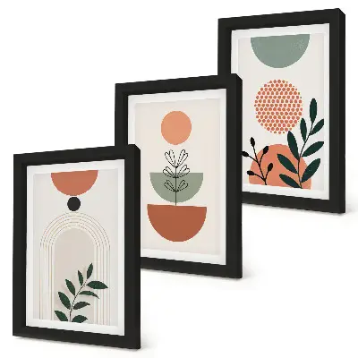 Set van ingelijste schilderijen met plantmotieven in moderne vormen en kleuren