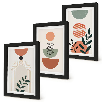 Set van ingelijste schilderijen Plantmotieven in moderne vormen en kleuren.