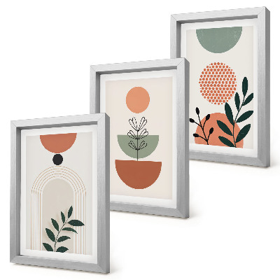 Set van ingelijste schilderijen Plantmotieven in moderne vormen en kleuren.