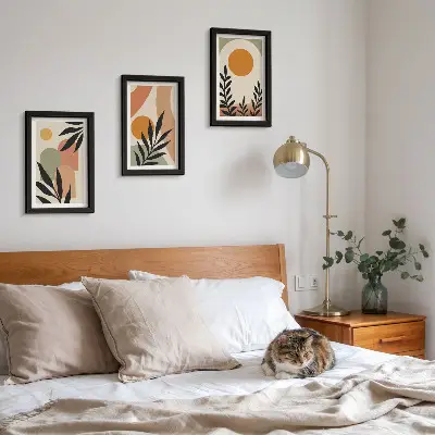 Gallery wall met abstracte vormen en plantmotieven in warme kleuren