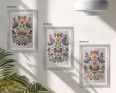 Set ingelijste schilderijen met bloemmotieven in intense kleuren op een witte achtergrond