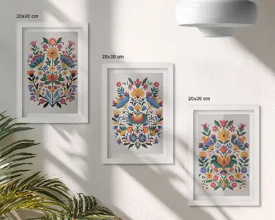 Set ingelijste schilderijen met bloemmotieven in intense kleuren op een witte achtergrond