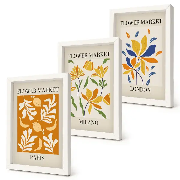 Set van ingelijste schilderijen met bloemenposters van Parijs, Milaan en Londen