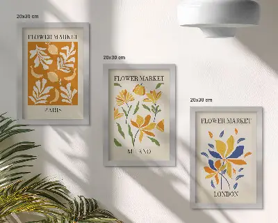 Set van ingelijste schilderijen met bloemenposters van Parijs, Milaan en Londen