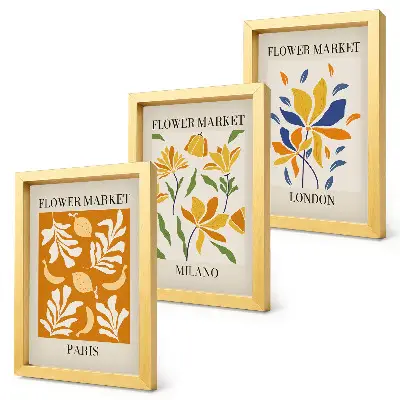 Set van ingelijste schilderijen met bloemenposters van Parijs, Milaan en Londen