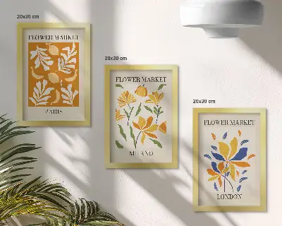 Set van ingelijste schilderijen met bloemenposters van Parijs, Milaan en Londen