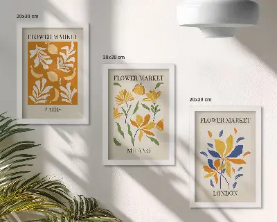 Set van ingelijste schilderijen met bloemenposters van Parijs, Milaan en Londen